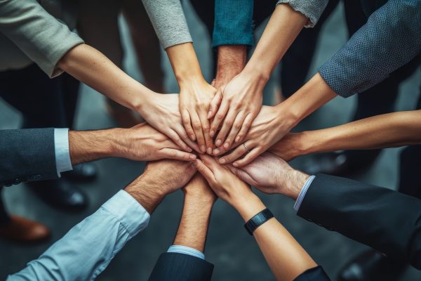 Large business team showing unity with their hands together, business success concept, Generative AI